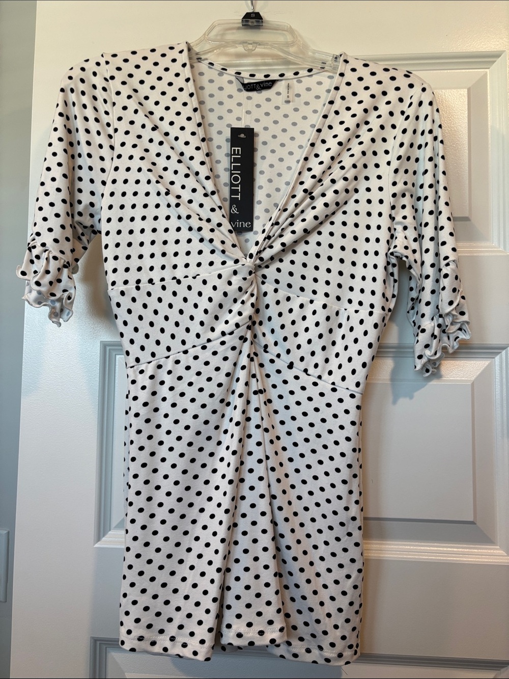 White Black Polka Dot Twist-Front V-Neck Blouse.  BUNDLE 3 for $30